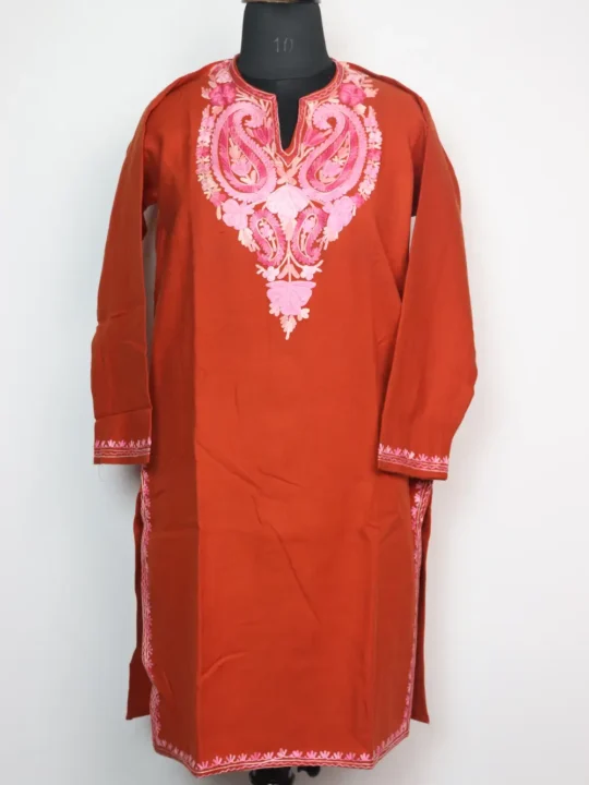Rehnumah Cashmilon Wool Rust Long Kurti with Aari Embroidery