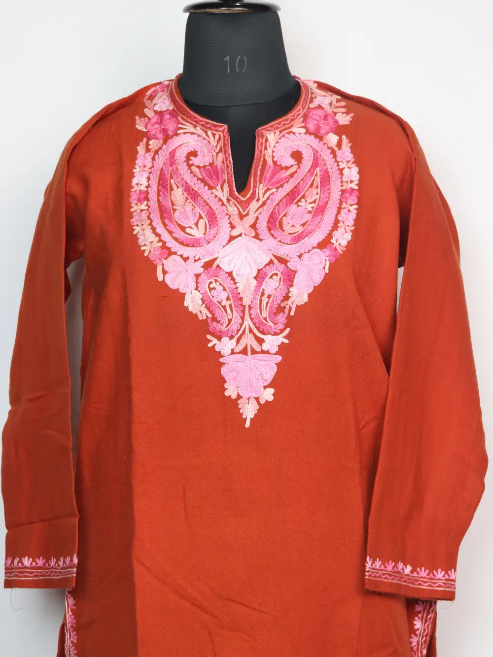 Rehnumah Cashmilon Wool Rust Long Kurti with Aari Embroidery - Image 2