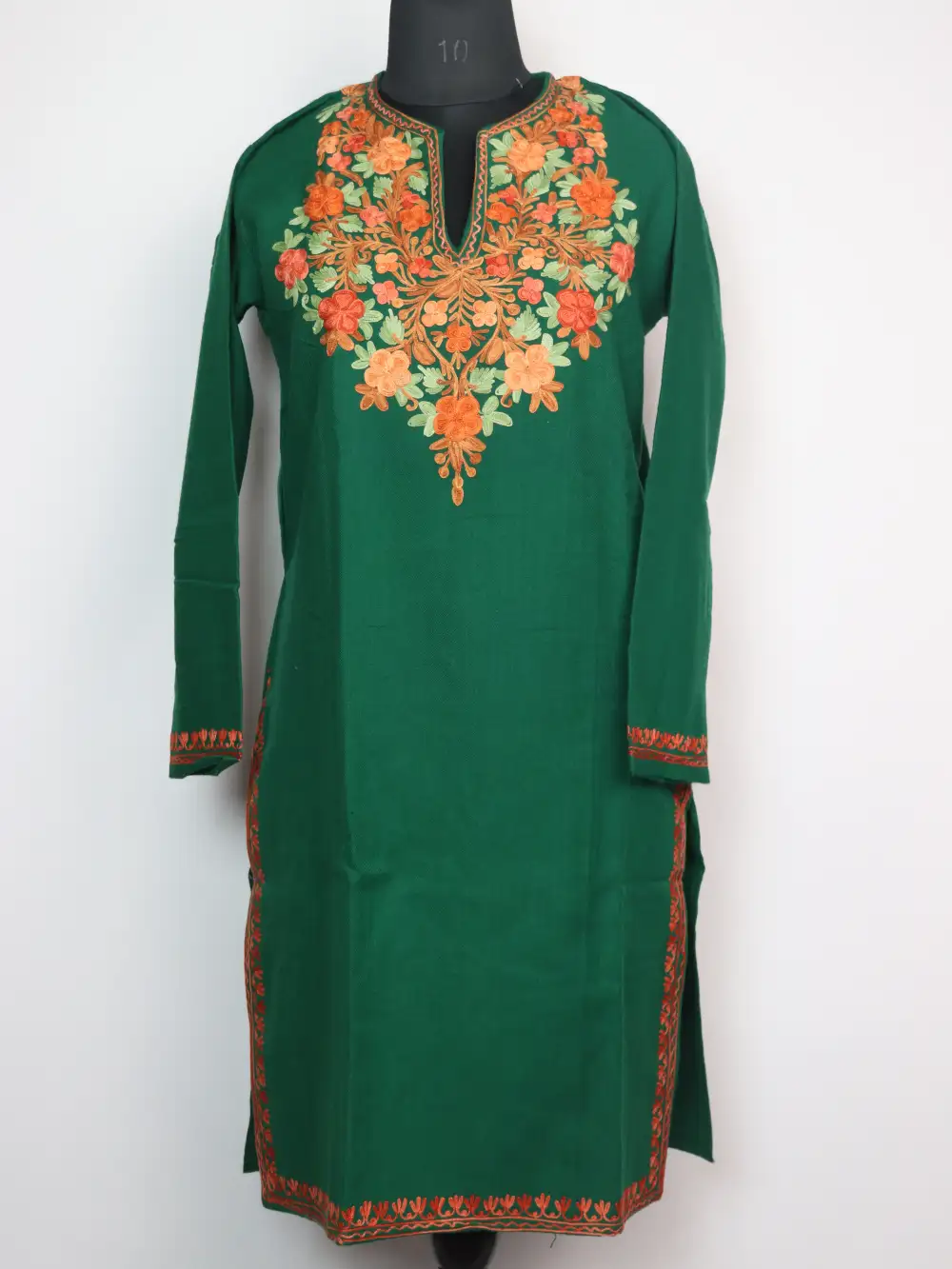 Dark Green Bahar Cashmilon Wool Long Kurti with Aari Embroidery