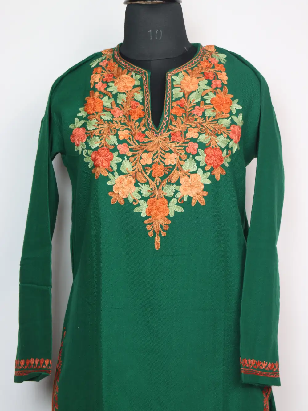 Dark Green Bahar Cashmilon Wool Long Kurti with Aari Embroidery - Image 2