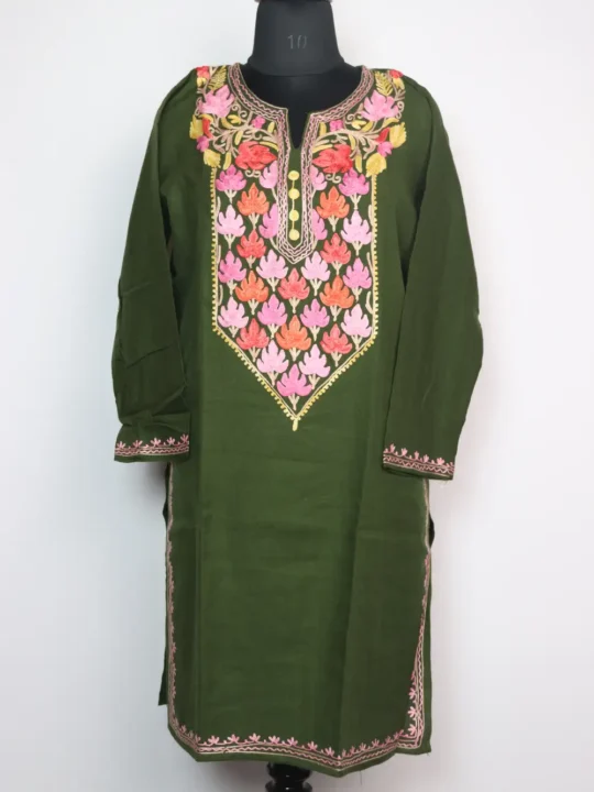 Green Cashmilon Wool Long Kurti with Mahirah Aari Embroidery
