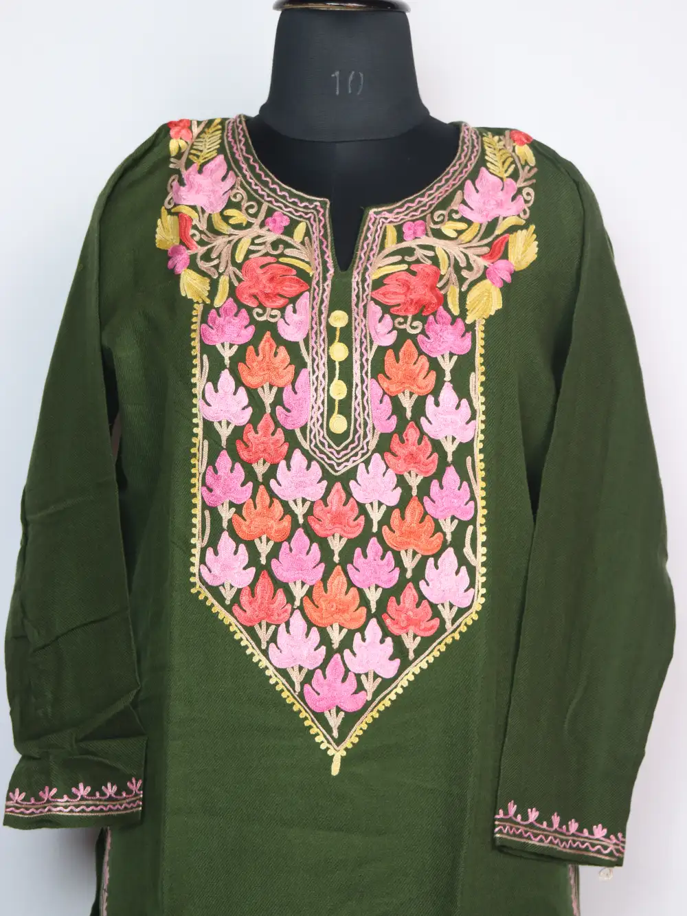 Green Cashmilon Wool Long Kurti with Mahirah Aari Embroidery - Image 2