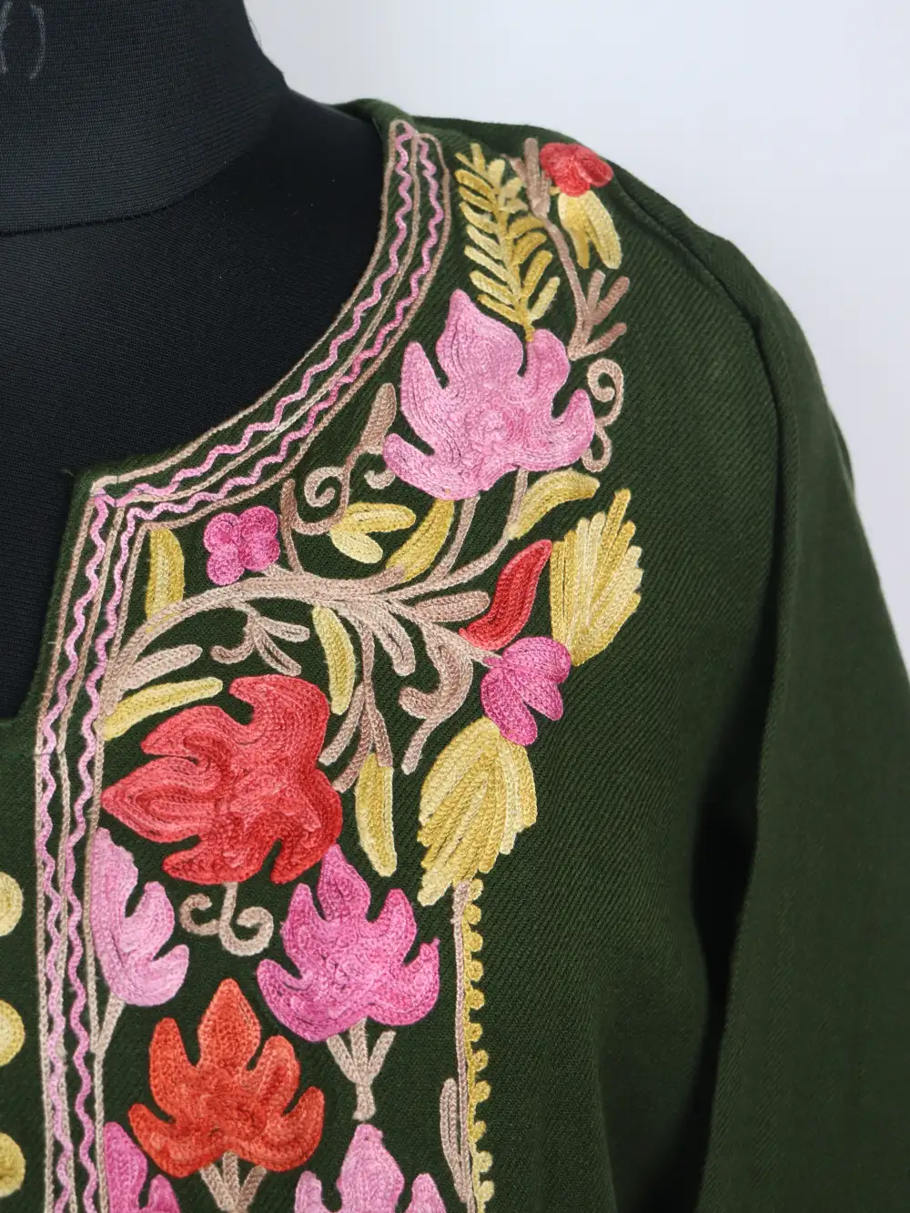 Green Cashmilon Wool Long Kurti with Mahirah Aari Embroidery - Image 3