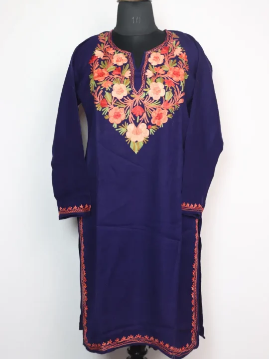 Horain Cashmilon Wool Long Dark Blue Kurti with Aari Embroidery