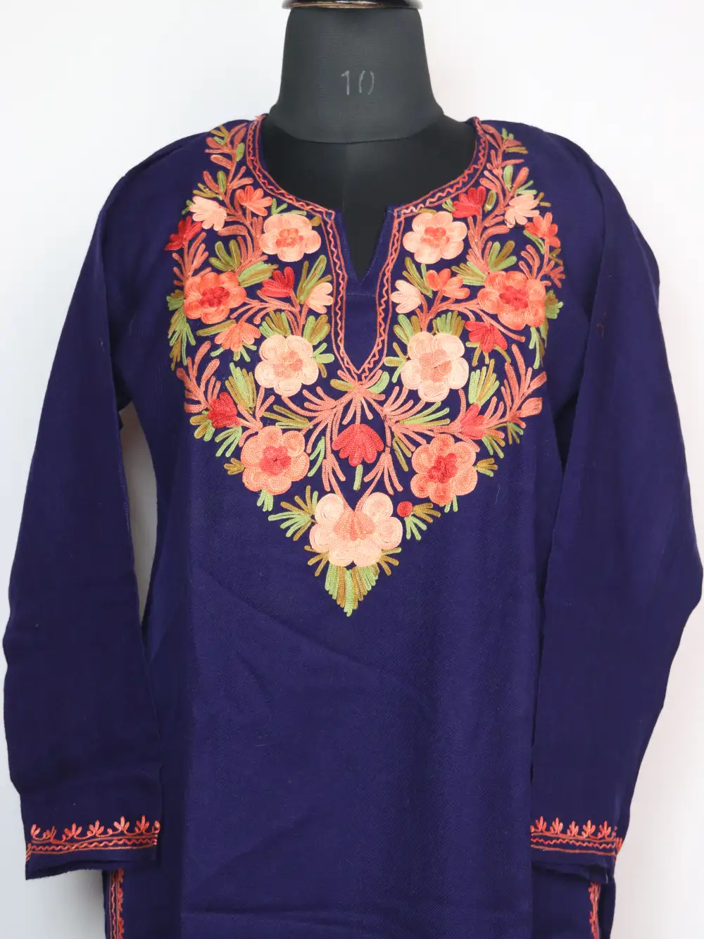 Horain Cashmilon Wool Long Dark Blue Kurti with Aari Embroidery - Image 2