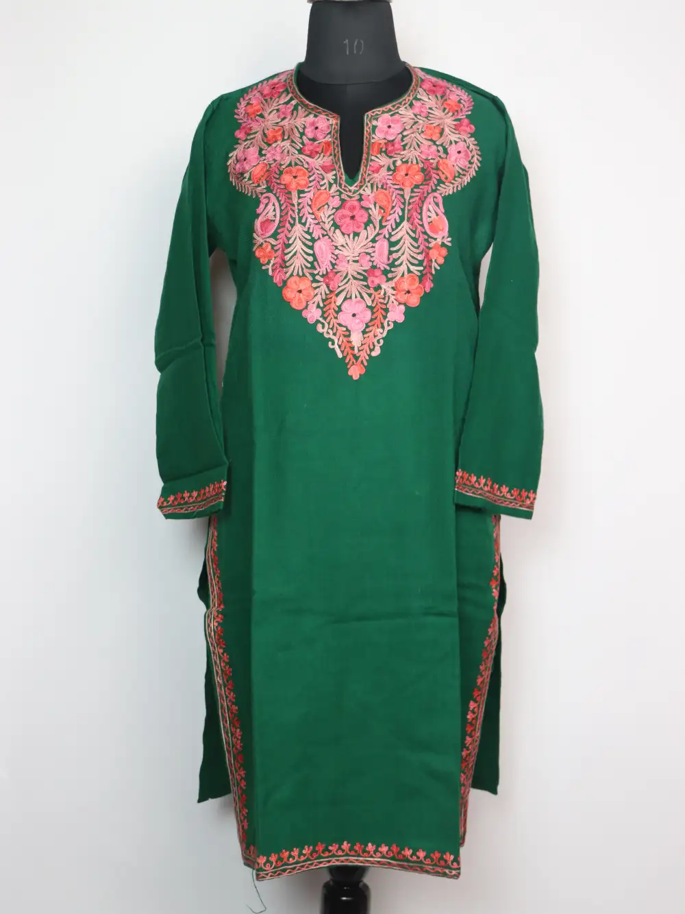 Long Cashmilon Wool Green Kurti with Mehr Aari Embroidery