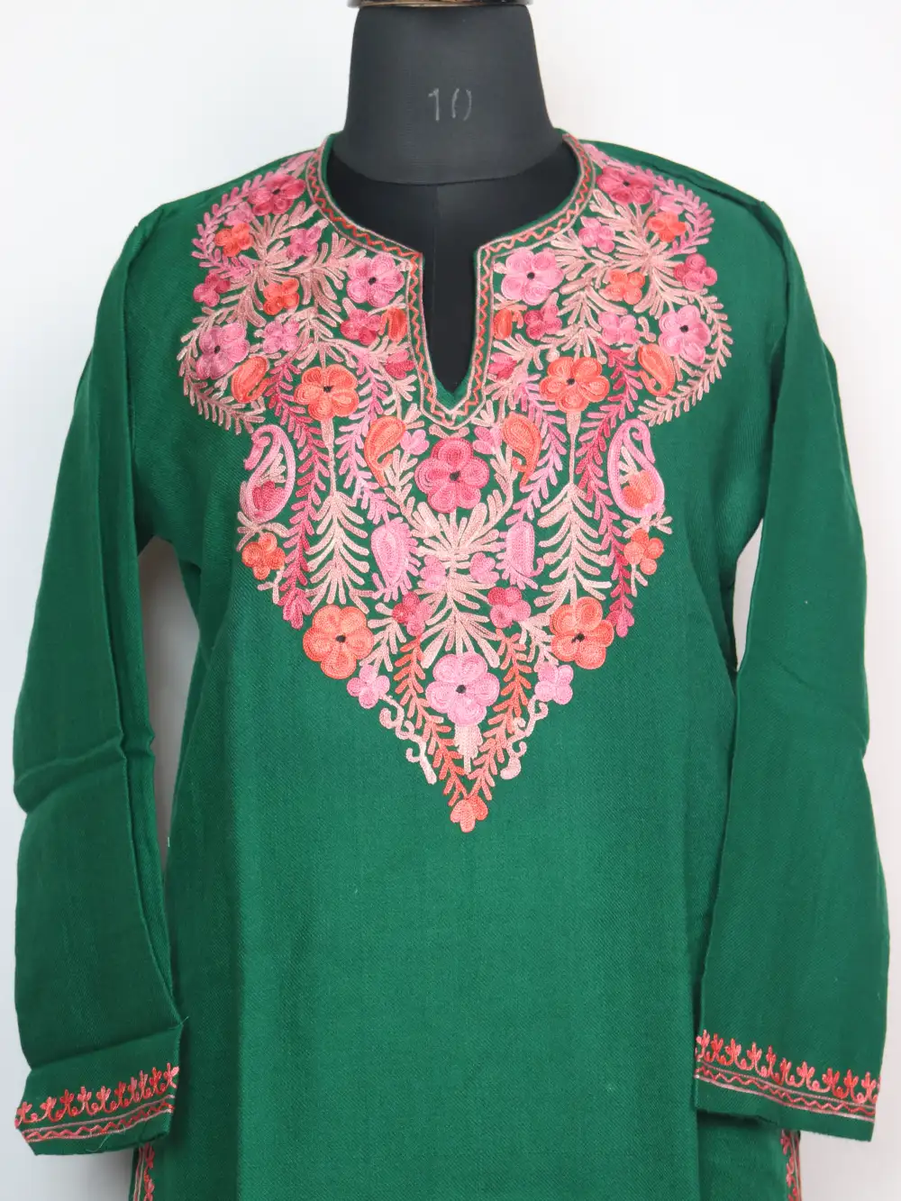 Long Cashmilon Wool Green Kurti with Mehr Aari Embroidery - Image 2