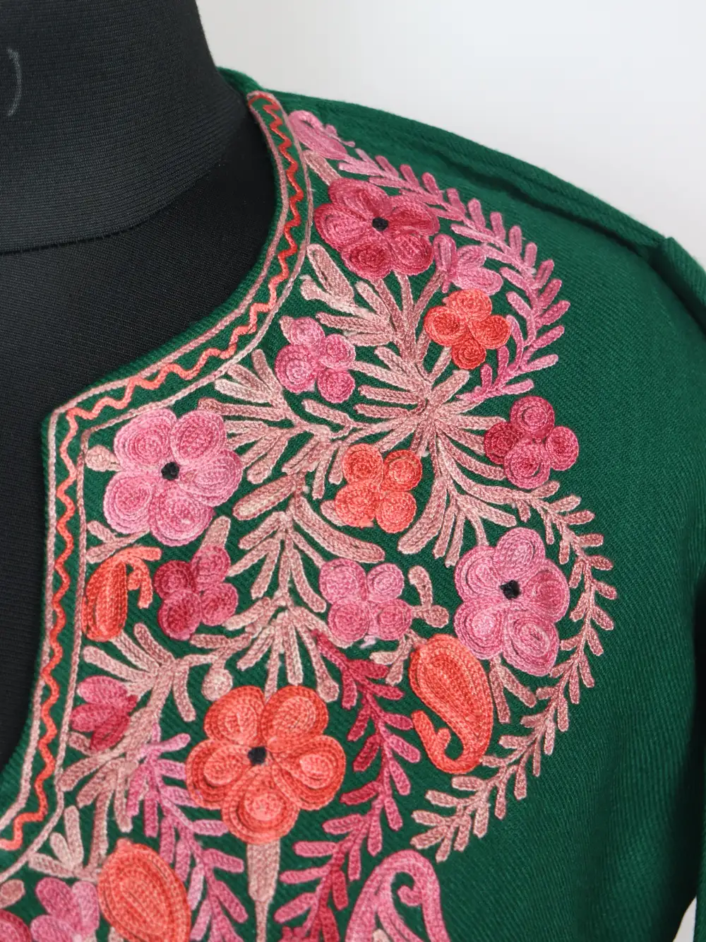 Long Cashmilon Wool Green Kurti with Mehr Aari Embroidery - Image 3