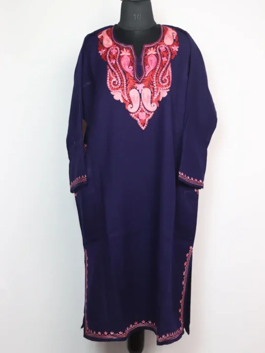 Haya Dark Blue Pheran with Aari Work in Cashmilon Wool