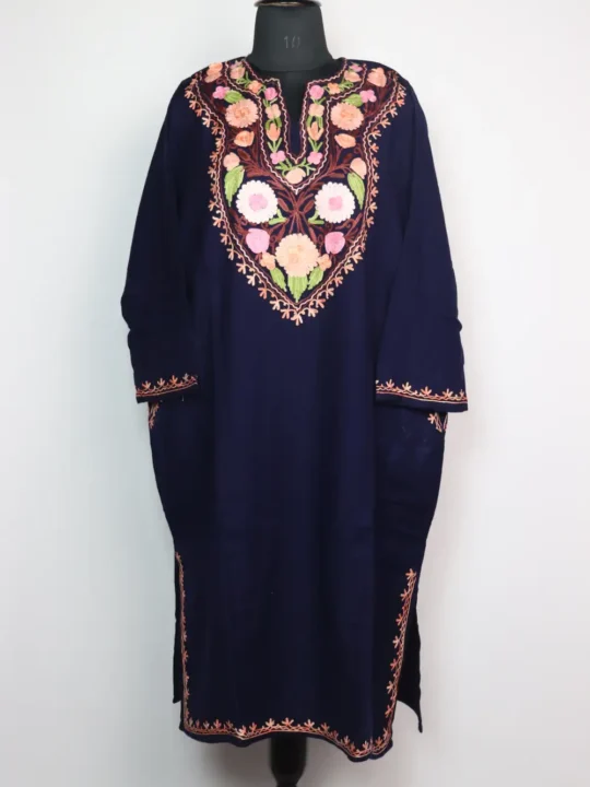Embroidered Dark Blue Pheran Saniya with Aari in Cashmilon Wool