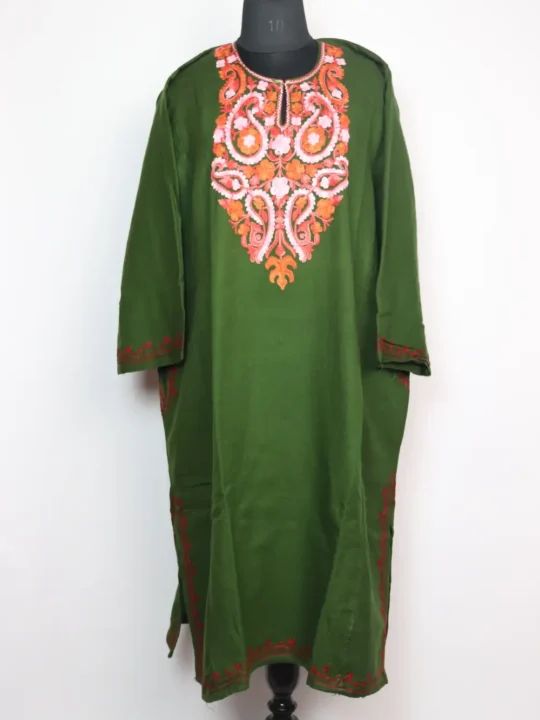 Mehndi Green Pheran in Cashmilon Wool with Aari Work Nayab