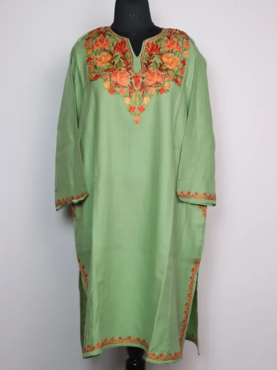 Woolen Pastel Green Pheran Mehjabeen with Aari Work in Cashmilon