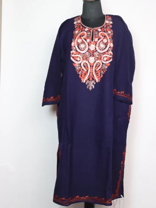 Midnight Blue Skoon Pheran in Cashmilon Wool with Aari Work
