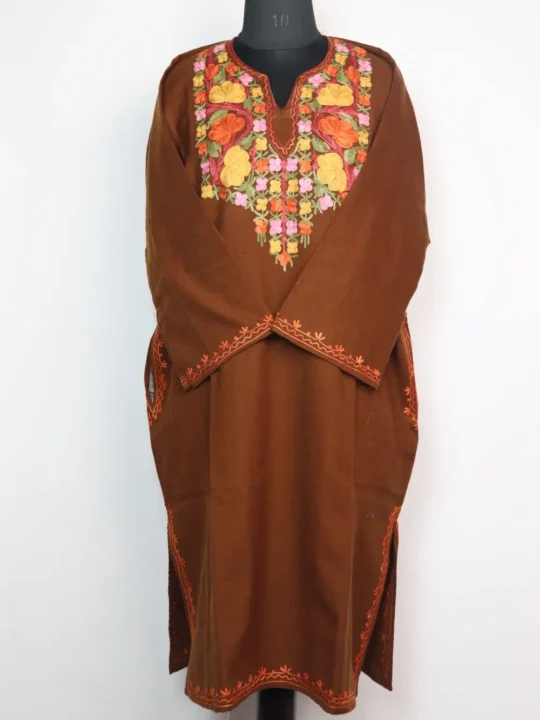 Brown Woolen Pheran with Aari Work in Cashmilon Jasira