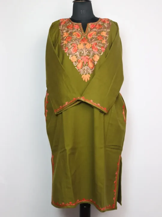 Naila Pheran Mehandi Green in Cashmilon Wool with Aari Work