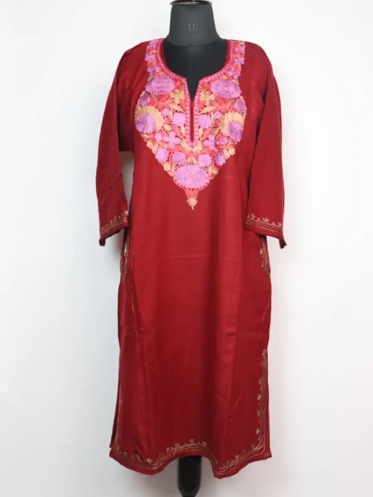 Dilrubah Pheran in Maroon Cashmilon Wool with Aari Embroidery