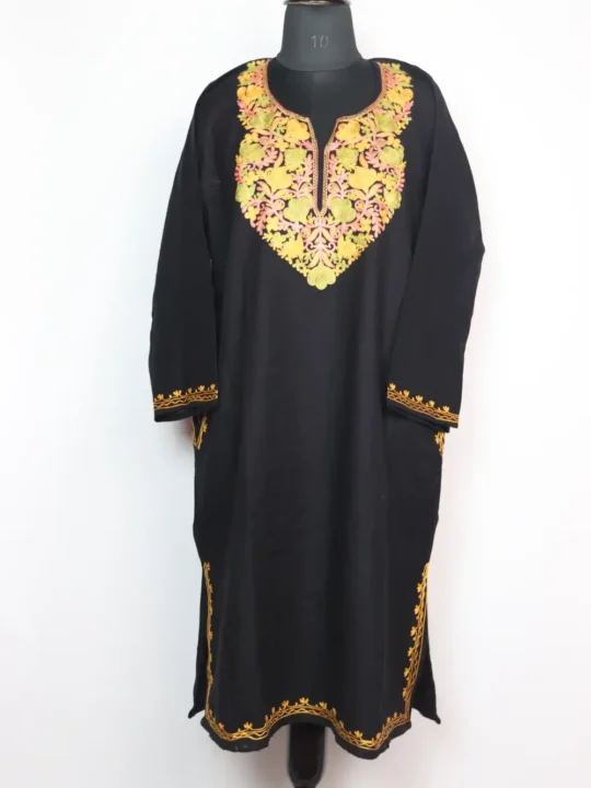 Black Pheran in Cashmilon Wool with Ronaq Aari Embroidery