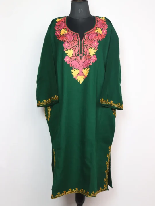 Sabah Cashmilon Wool Dark Green Pheran with Aari Embroidery