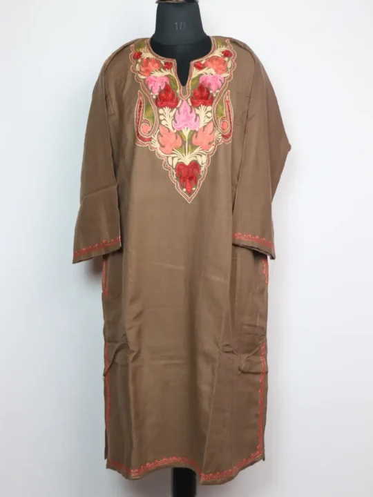 Beige Yumna Pheran in Cashmilon Wool with Aari Work