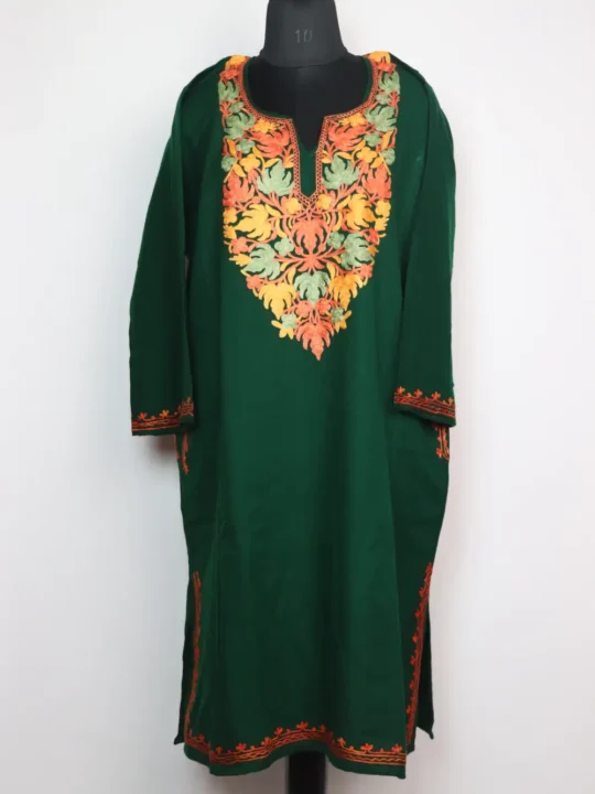 Dark Green Cashmilon Wool Haseerat Pheran with Aari Embroidery