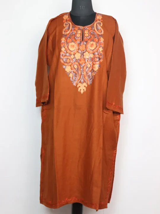 Rustic Orange Cashmilon Wool Pheran with Bazm-e-Noor Aari Embroidery