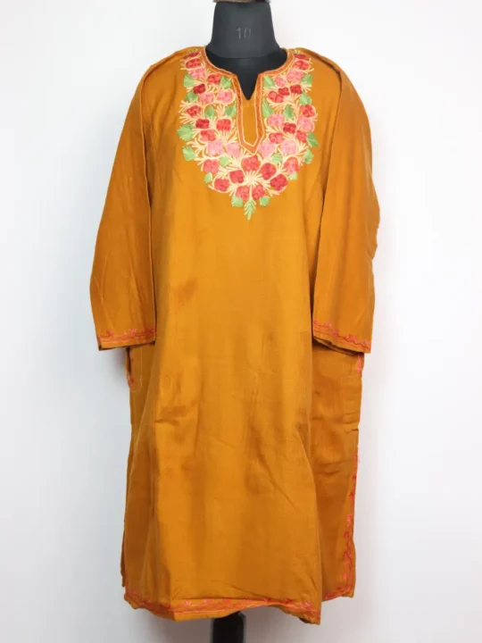 Mustard Pheran with Aari Embroidery in Cashmilon Wool Nazneen