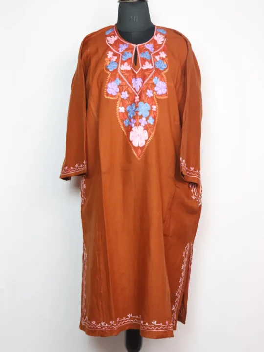 Mahbano Rustic Orange Cashmilon Wool Pheran with Aari Embroidery