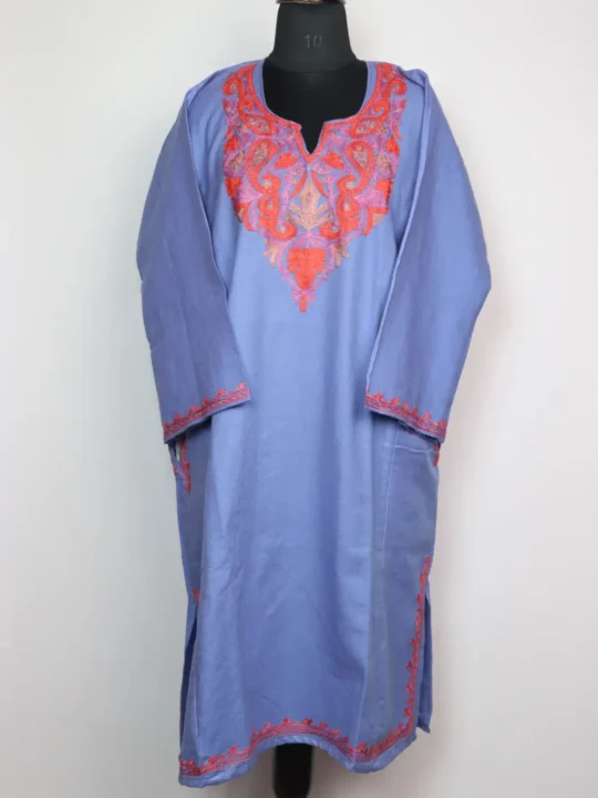 Blue-Grey Cashmilon Wool Pheran with Rehmat Aari Embroidery
