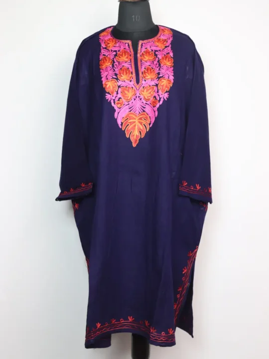 Ghazal Indigo Blue Cashmilon Wool Pheran with Aari Embroidery
