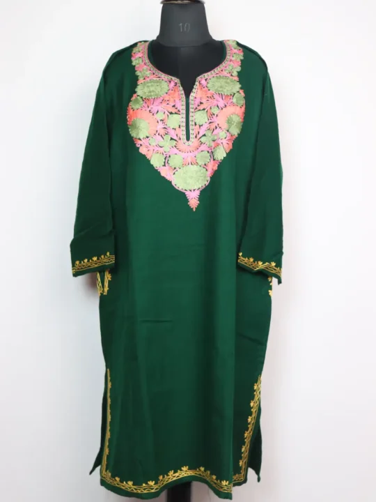 Rooh Dark Green Cashmilon Wool Pheran with Aari Embroidery