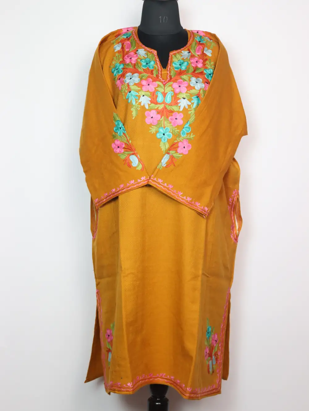 Mustard Cashmilon Wool Loose Pheran Saira with Front Back Aari Embroidery