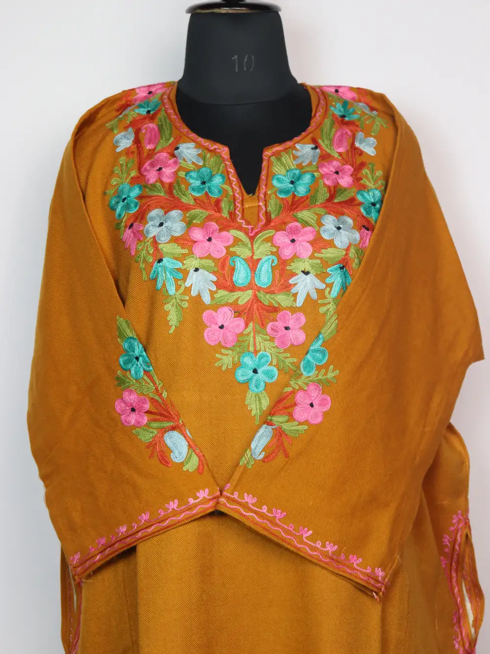 Mustard Cashmilon Wool Loose Pheran Saira with Front Back Aari Embroidery - Image 2