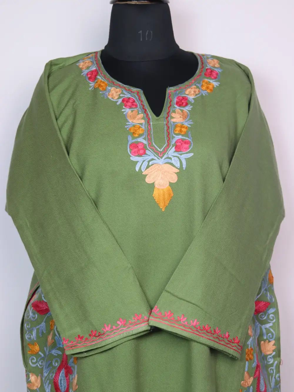 Aabshar Pheran in Pastel Green with Aari Embroidery in Cashmilon Wool - Image 2