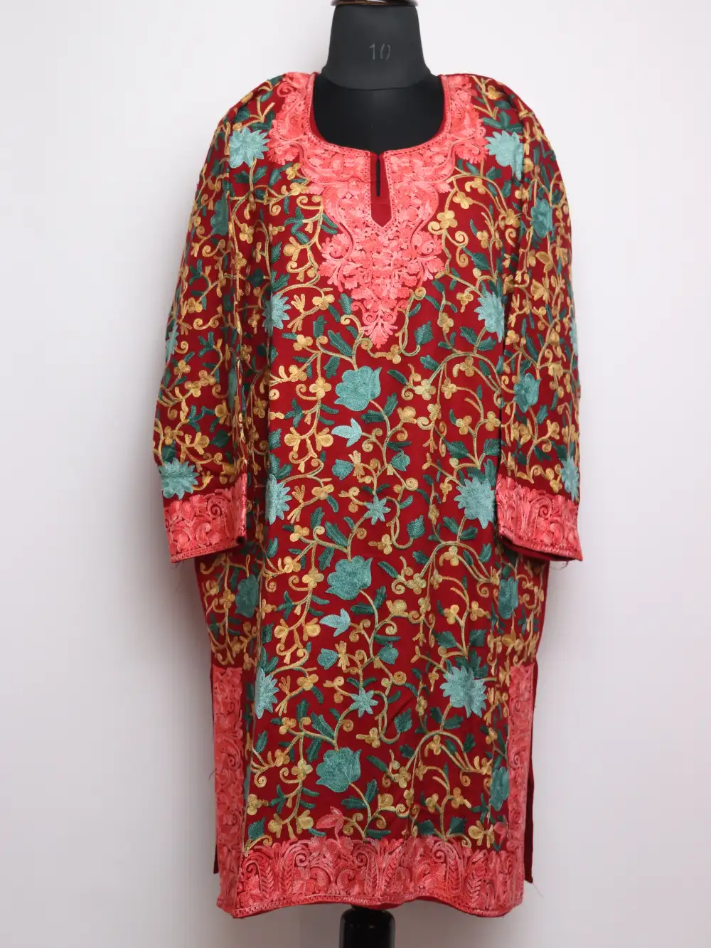 Jashne-e-Rekhta Cashmilon Wool Maroon Pheran with All-over Aari Embroidery