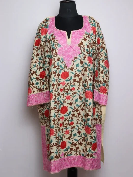 White Jashne-e-Rekhta Cashmilon Wool Pheran with All-over Aari Embroidery