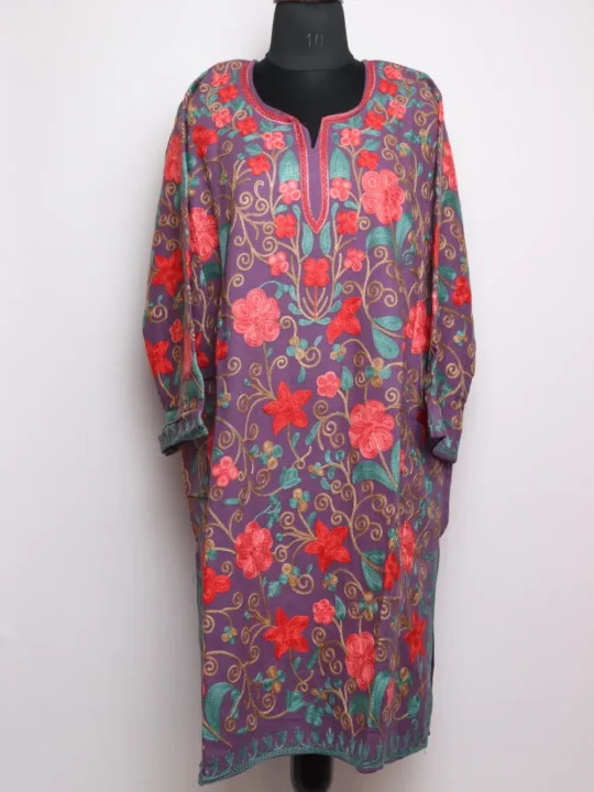Purple Jashne-e-Rekhta Cashmilon Wool Loose Pheran with All-over Aari Embroidery