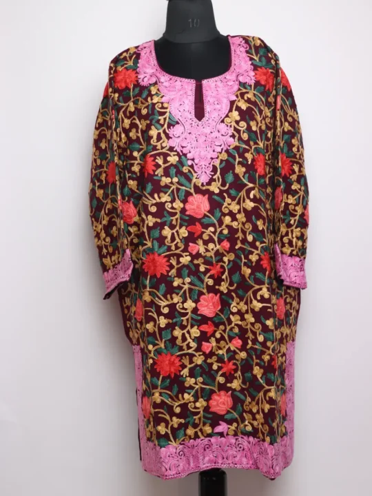 Cashmilon Jashne-e-Rekhta Woolen Wine Loose Pheran with All-over Aari Embroidery