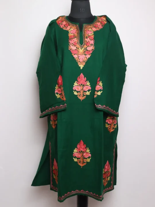 Green Cashmilon Wool Pheran with Booti Samirah Aari Embroidery
