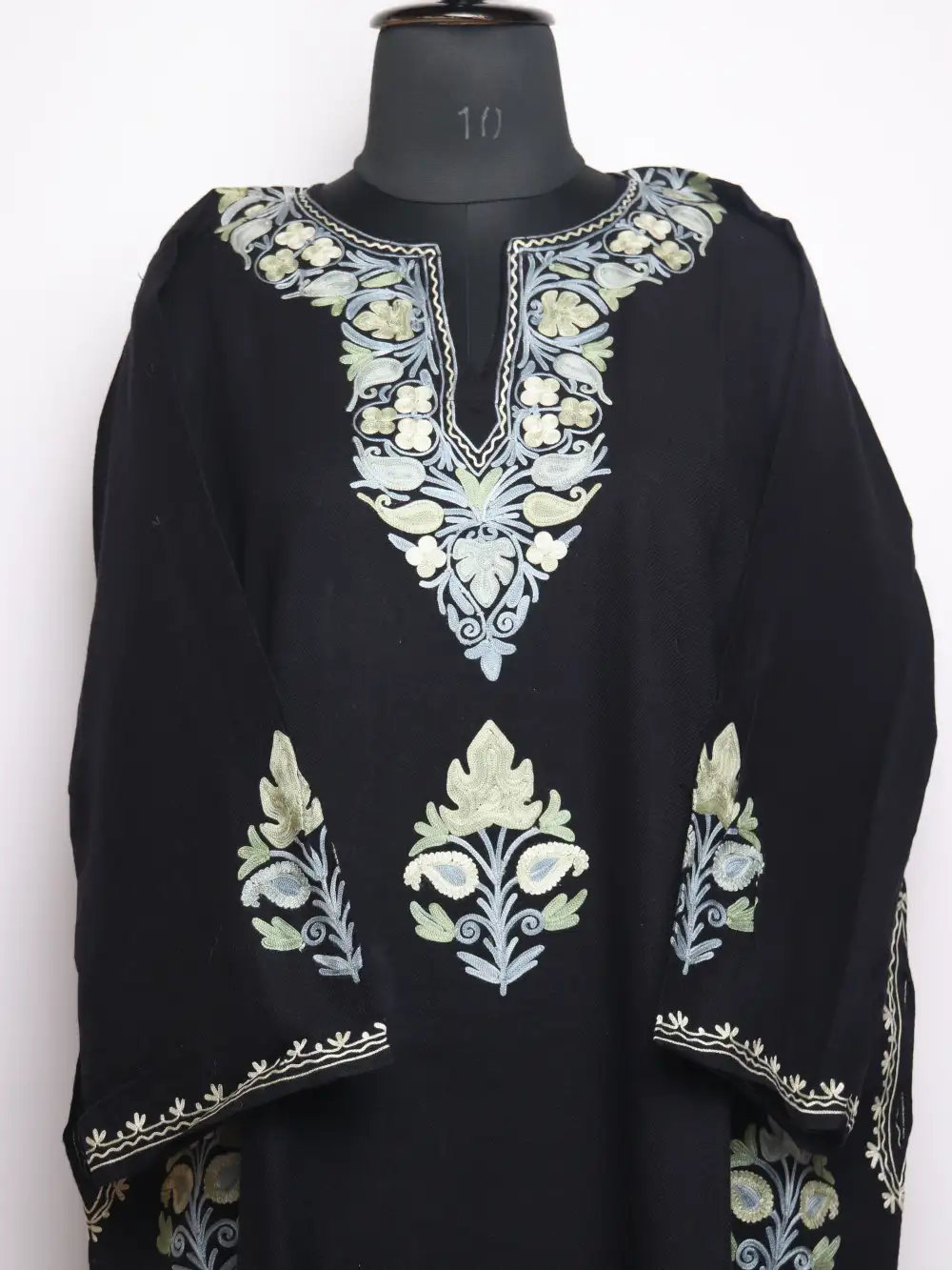 Loose Yusra Black Cashmilon Wool Pheran with Booti Aari Embroidery - Image 2
