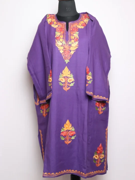 Rabia Cashmilon Wool Purple Pheran with Booti Aari Embroidery