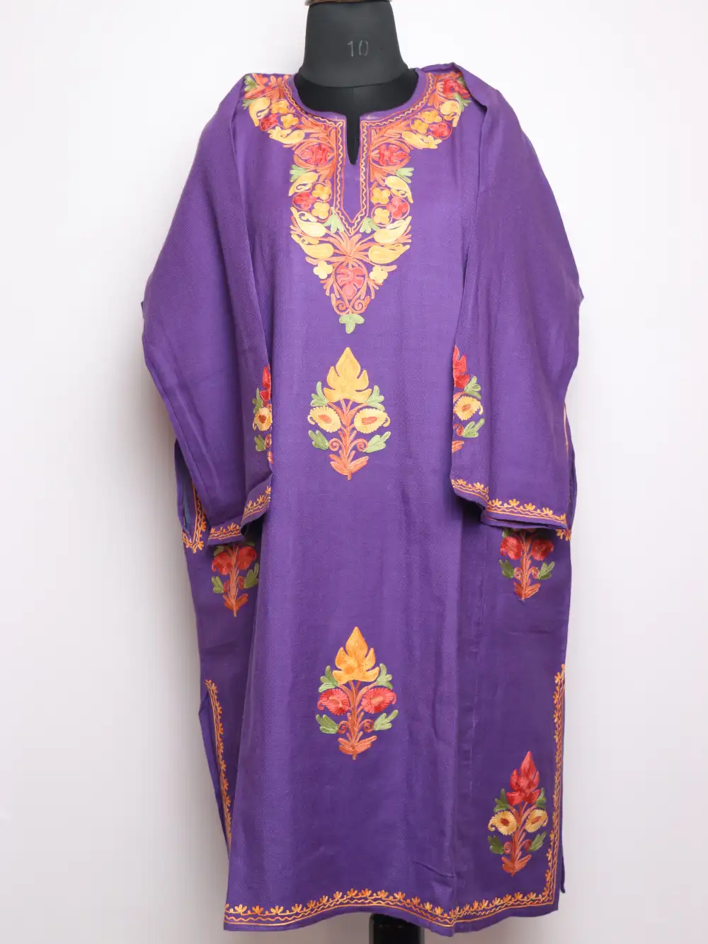 Rabia Cashmilon Wool Purple Pheran with Booti Aari Embroidery