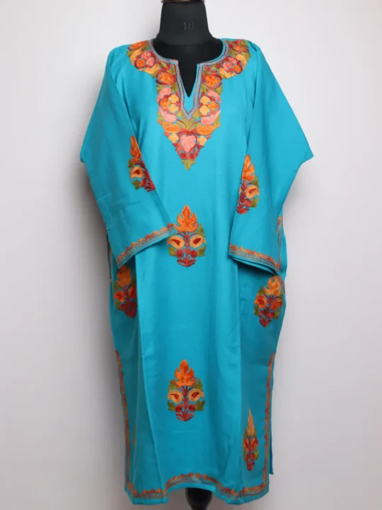 Nazneen Cashmilon Wool Blue Pheran with Booti Aari Embroidery