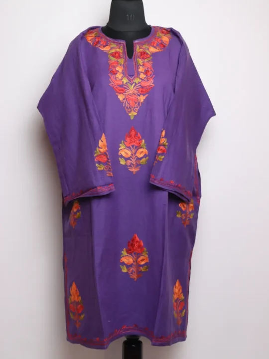 Purple Cashmilon Wool Pheran with Booti Aari Embroidery Saba