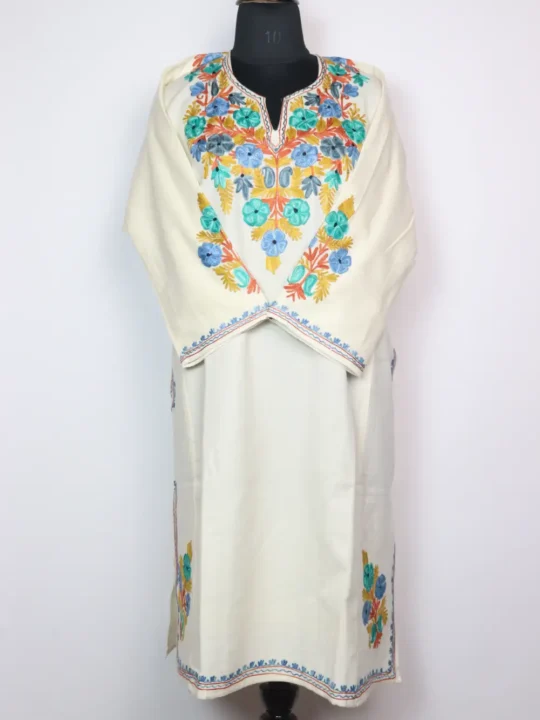 White Woolen Pheran with Front Back Aari Embroidery in Cashmilon Yumna