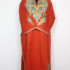 Khudra Rust Orange Pheran in Cashmilon Wool with Front Back Aari Embroidery