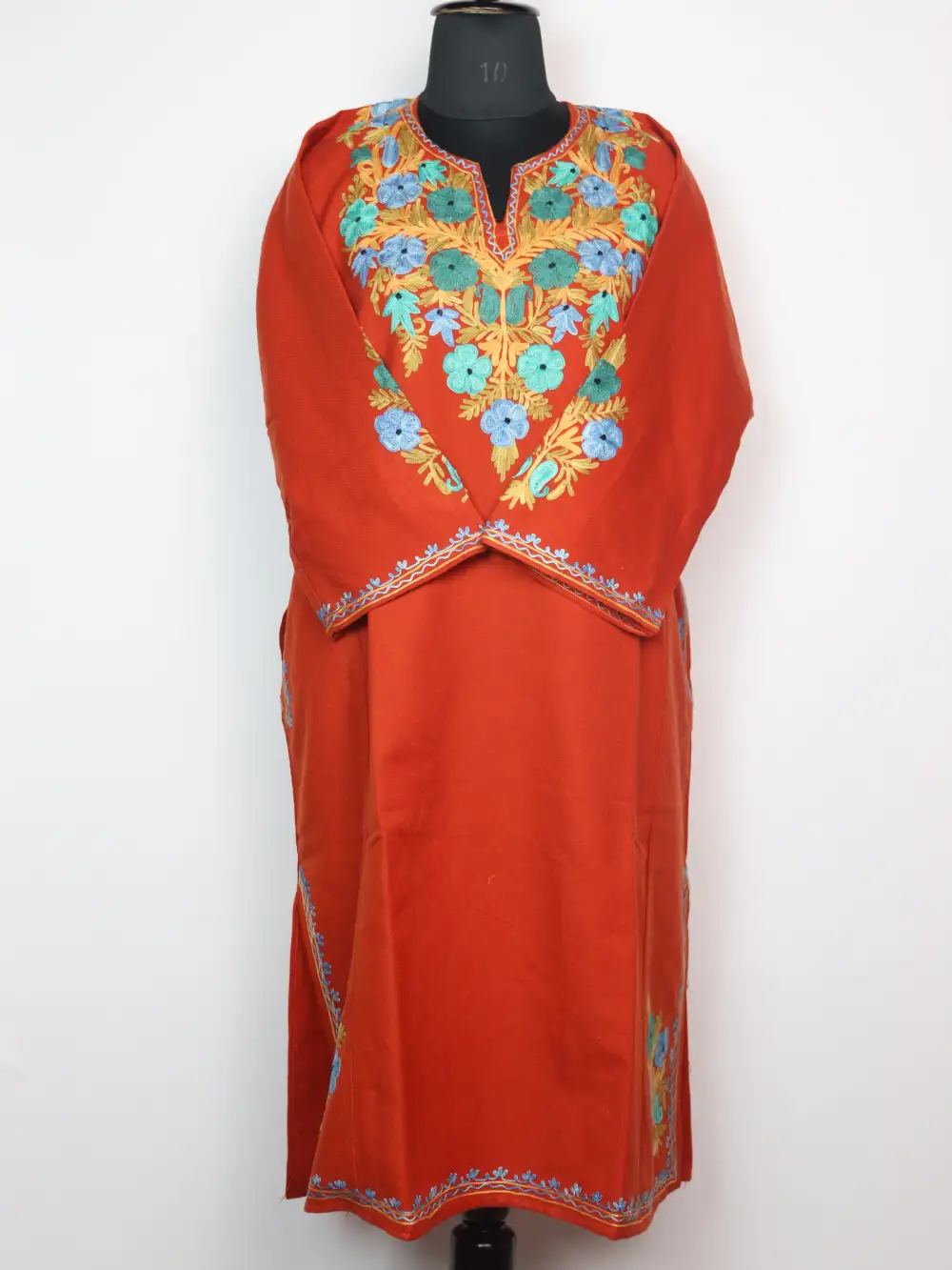 Khudra Rust Orange Pheran in Cashmilon Wool with Front Back Aari Embroidery
