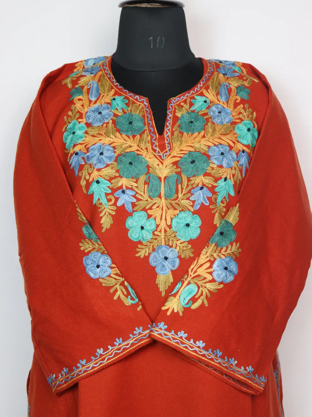 Khudra Rust Orange Pheran in Cashmilon Wool with Front Back Aari Embroidery - Image 2