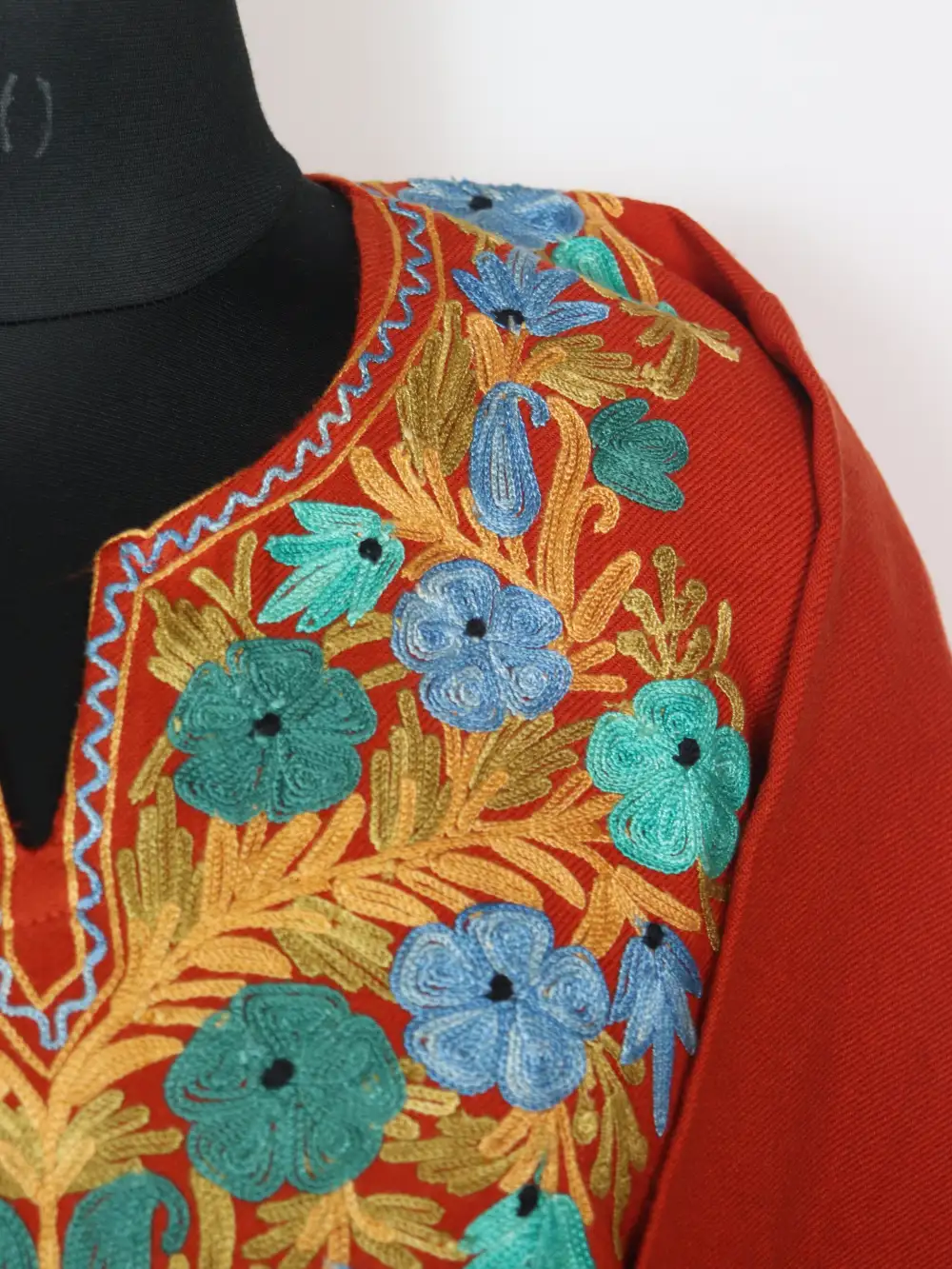 Khudra Rust Orange Pheran in Cashmilon Wool with Front Back Aari Embroidery - Image 3