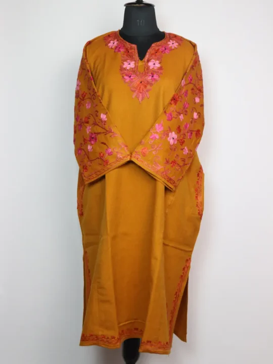 Mustard Pheran Haya in Cashmilon Wool with Sleeve Jaal Aari Work