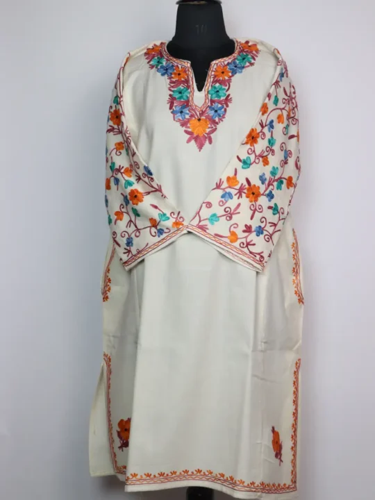 Woolen White Pheran in Cashmilon with Sleeve Jaal Aari Work Inayah